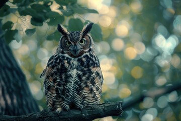 Poster - Wise owl perched on a branch in a misty forest during twilight, surrounded by fading autumn leaves and soft, diffused light