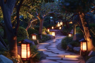 Aufkleber - Serene garden path illuminated by lanterns under a tranquil evening sky in a beautiful park setting