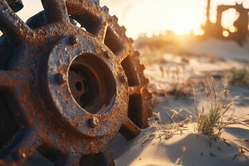 Wall Mural - Rusty metal gear rests in desert sand at sunset, remnants of a bygone era.