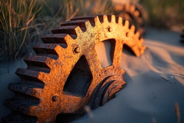 Poster - Rusty gears bathed in golden sunset light, resting on a sandy beach, evoking a sense of time and decay.