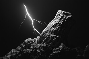 Wall Mural - A dramatic black and white image of a lightning strike near a dark, rocky mountain peak.
