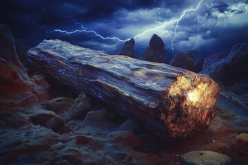Wall Mural - Glowing petrified wood rests on a rocky landscape under a stormy night sky with lightning.