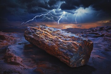 Wall Mural - Petrified wood rests on dark rocks under a stormy night sky, illuminated by lightning.