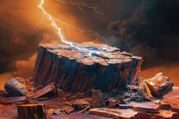 Wall Mural - A large, cracked rock formation is struck by lightning during a dramatic, fiery storm.
