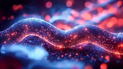 Poster - A futuristic wavy blockchain network with glowing red and blue elements, symbolizing digital connectivity