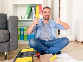 Man assembling new furniture at home do-it-yourself concept