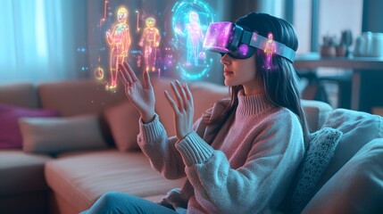 Wall Mural - Woman Using Virtual Reality Headset Interacting With Holographic Figures