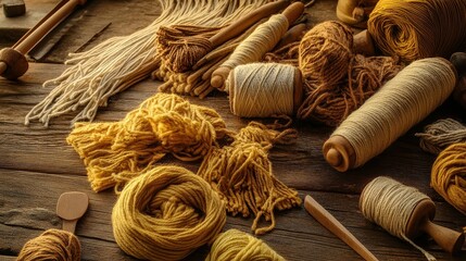 Wall Mural - Warm Yellow Yarn and Tools for Crafting Projects