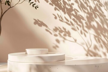 Poster - 3d render of podium for product display with green leaves background.