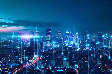 Poster - Smart city wireless communication network and internet of things (IoT) at night.