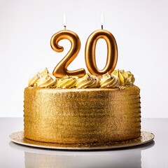 Wall Mural - Decorated gold cake for birthday or anniversary party, candle number 20, white background