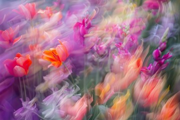 Poster - impressionist view of colorful tulips and snapdragon flowers moving in the wind