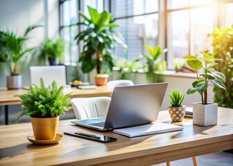 Poster - Modern Business Office Workspace with Copy Space: Desk, Laptop, Plants, High Depth of Field