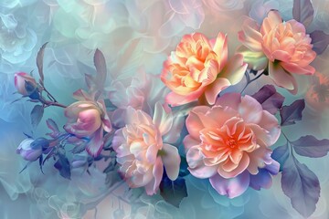 Wall Mural - Beautiful pastel colored roses and buds creating a delicate and romantic floral arrangement