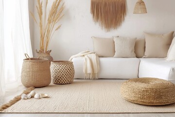 Poster - A cozy living room, featuring a light and airy color palette with whitewashed walls and light wood furniture.