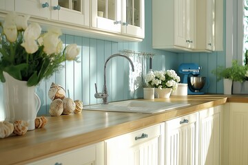 Wall Mural - A kitchen in a coastal style home with a bright and cheerful atmosphere