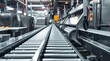 © Danish - stock photo, intense dramatic lighting, soft pastel colors, depicting stainless steel conveyor belts in a modern food processing plant.