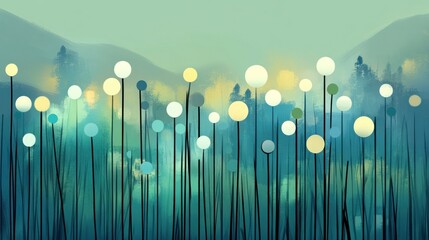 Wall Mural - glowing spheres in misty mountain landscape, digital art