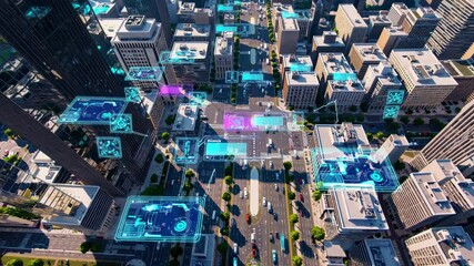Aufkleber - Exploring a futuristic city skyline with digital overlays showing data and connectivity features