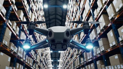 Poster - Drones delivering packages in a large warehouse during daytime operations