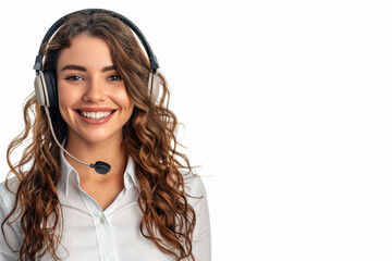 Poster - Smiling woman with headphones and a microphone ready to assist