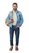 © kite_rin - Cheerful young man standing confident isolated in transparent PNG, Full length studio portrait of smiling student man  with smart phone and backpack