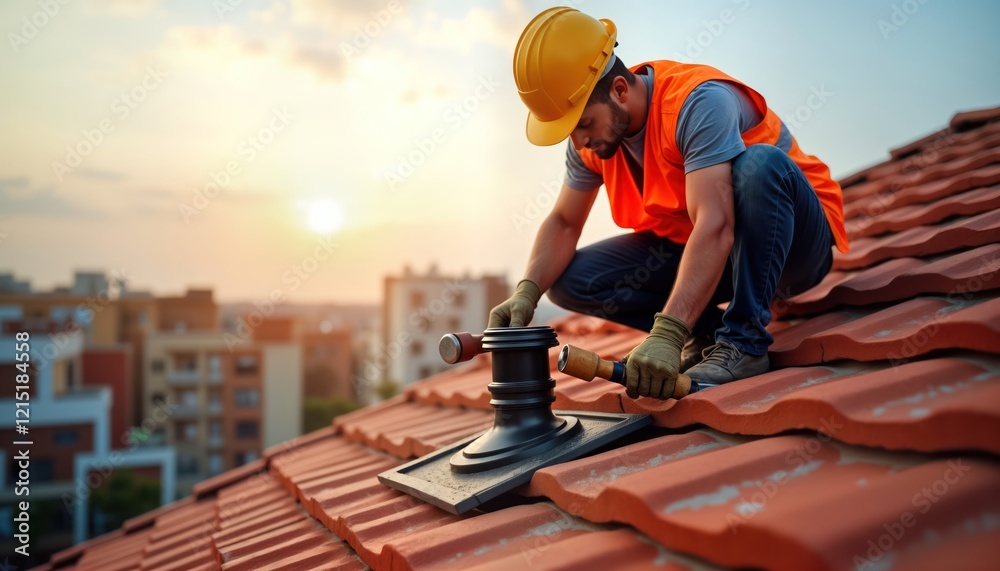 Stock-Illustration „Construction worker installs rooftop component ...