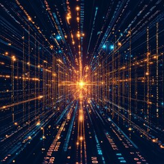 Poster - A vibrant digital tunnel bursting with luminous lines and binary codes, illustrating advanced technology and data flow.