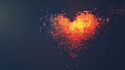 Poster - Pixelated Heart Graphic in Orange and Red on Dark Background with Glowing Dots