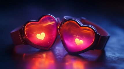 Poster - Two heart shaped smart watches with illuminated displays showing hearts on a dark background