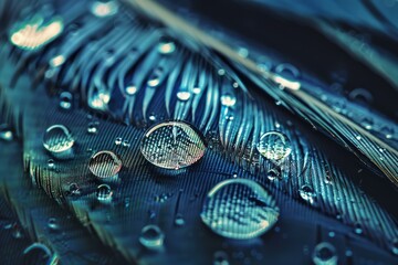 Aufkleber - Macro photograph capturing water droplets on a vibrant blue feather, showcasing the intricate details and textures of nature