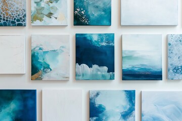 Poster - A wall adorned with abstract paintings in shades of blue and white.