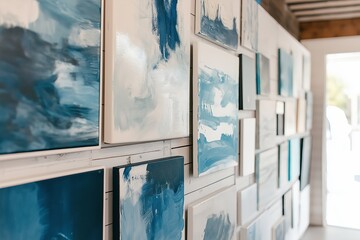 Poster - A wall adorned with abstract paintings in shades of blue and white.