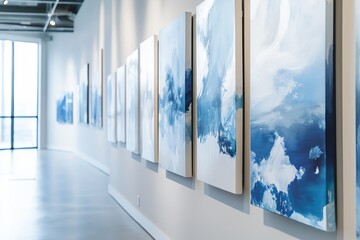 Poster - A wall adorned with abstract paintings in shades of blue and white.