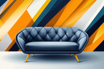 Wall Mural - Modern Blue Sofa Against Geometric Yellow and Blue Abstract Background