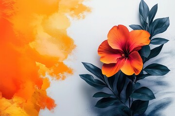 Wall Mural - Vibrant hibiscus flower layout with an orange watercolor background for promotional use