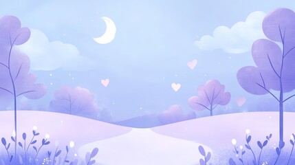 Pastel Night Landscape, Hearts, Path, Moon, Illustration