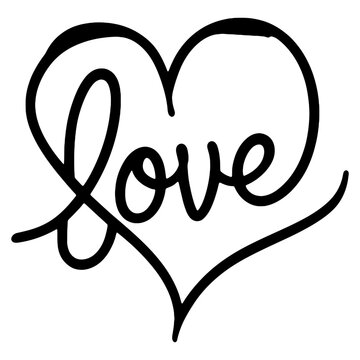 Hand drawn Heart with text love sign. Romantic vector illustration. Design flat element of valentine day.Heart continuous one line art drawing color shape Love sign outline Vector illustration