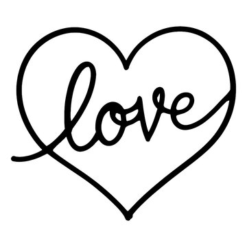 Hand drawn Heart with text love sign. Romantic vector illustration. Design flat element of valentine day.Heart continuous one line art drawing color shape Love sign outline Vector illustration