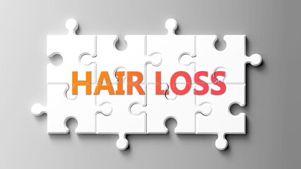 Poster - Hair Loss complex like a puzzle - pictured as word hair loss on a puzzle pieces to show that hair loss is complex and needs cooperating pieces that fit together. ,3d illustration