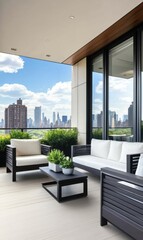 Wall Mural - Modern balcony design with urban skyline view featuring stylish seating and lush greenery in bright daylight