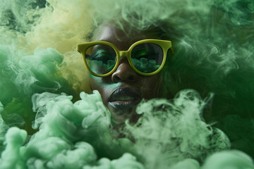 Close-up of a stylish woman in yellow sunglasses, emerging from an enigmatic green fog