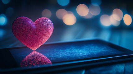 Poster - A glittering heart rests on a digital tablet reflecting its light in a cool dim environment