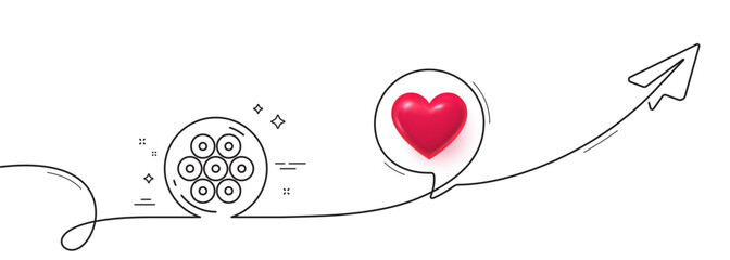 Poster - Cable section line icon. Continuous line with share plane. Optic fiber sign. Internet network wire symbol. 3d heart in speech bubble. Cable section single line ribbon. Loop curve pattern. Vector