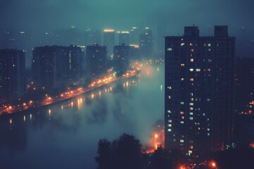 Fog envelops city skyline creating a mysterious atmosphere over the river at night