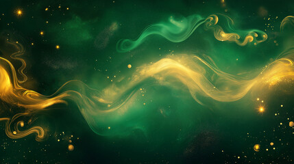 Dark Green and Gold Space Background with Swirling Smoke and Stars, Featuring Fantasy-Inspired Patterns of Emerald Greens and Yellow-Gold Colors, Perfect for Mystical and Ethereal Designs