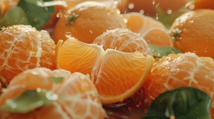 Sticker - A close up of oranges with one of them cut in half. The oranges are fresh and juicy, and the water droplets on them give the impression of a refreshing drink. Concept of freshness and vitality