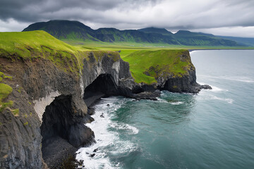 Poster - Dramatic waves hitting rugged coastal cliffs under a cloudy sky.