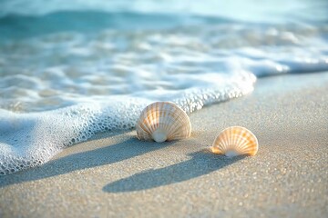 Poster - Gentle waves lapping the shore, seashells scattered along the sand, and soft morning light
