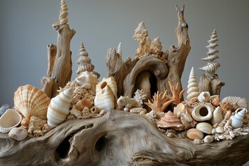 Poster - Intricate coastal sculptures made from collected driftwood and seashells